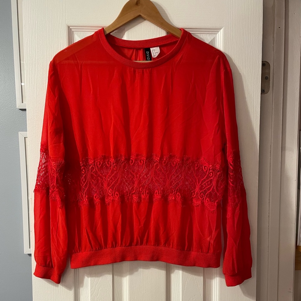 Womens Ladies sheer Red Lace long sleeve top blouse shirt size 6 Valentine’s Day